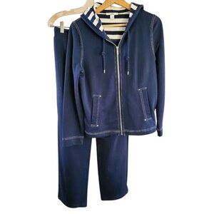 Anne Klein Sport Navy Hoodie Jogger Set Striped Lined Zip Jacket Small